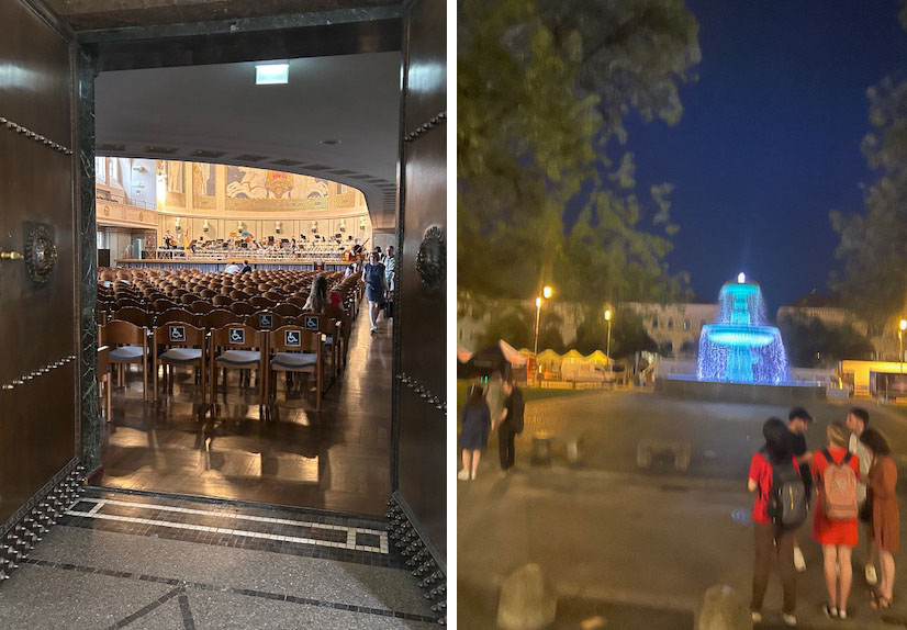 Blick in den Saal (links) und nach dem Konzert vor dem beleuchteten Springbunnen in der Ludwigstr.